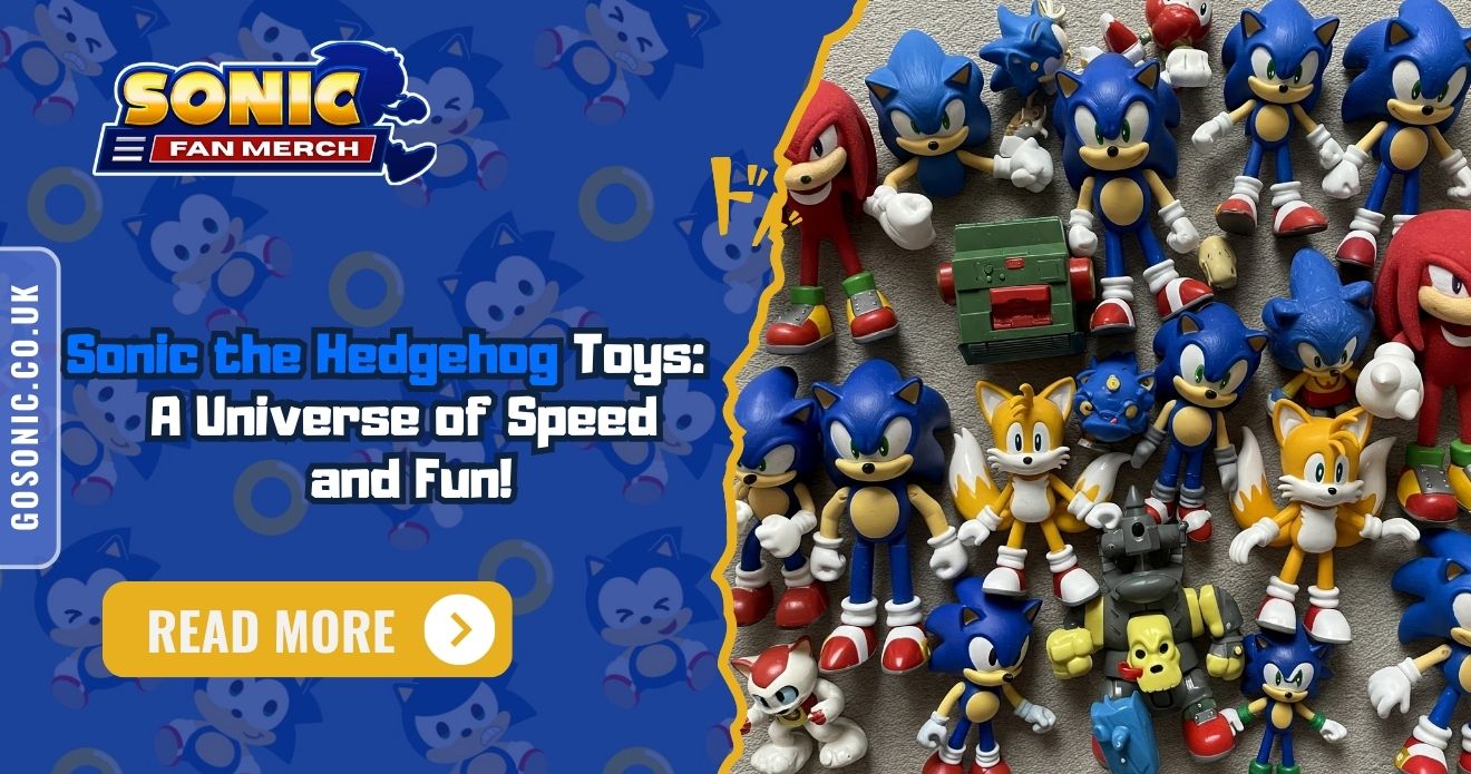 A vibrant collection of various Sonic the Hedgehog toys, including action figures of Sonic, Tails, and Knuckles, alongside a plush Sonic